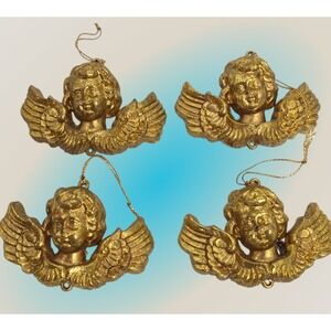 Vintage Gold Cherub Angel Blow Mold Christmas Ornaments 4" Set of 4